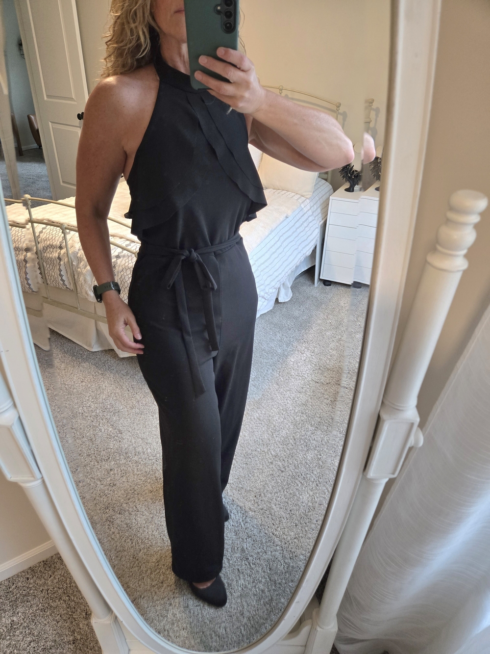 bebe Black Halter Ruffle Tie-Waist Jumpsuit